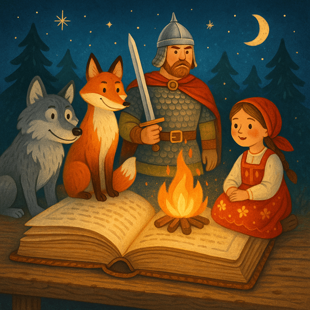 Старинная книга и ожившие персонажи народных сказок вокруг — атмосфера фольклорного чуда.